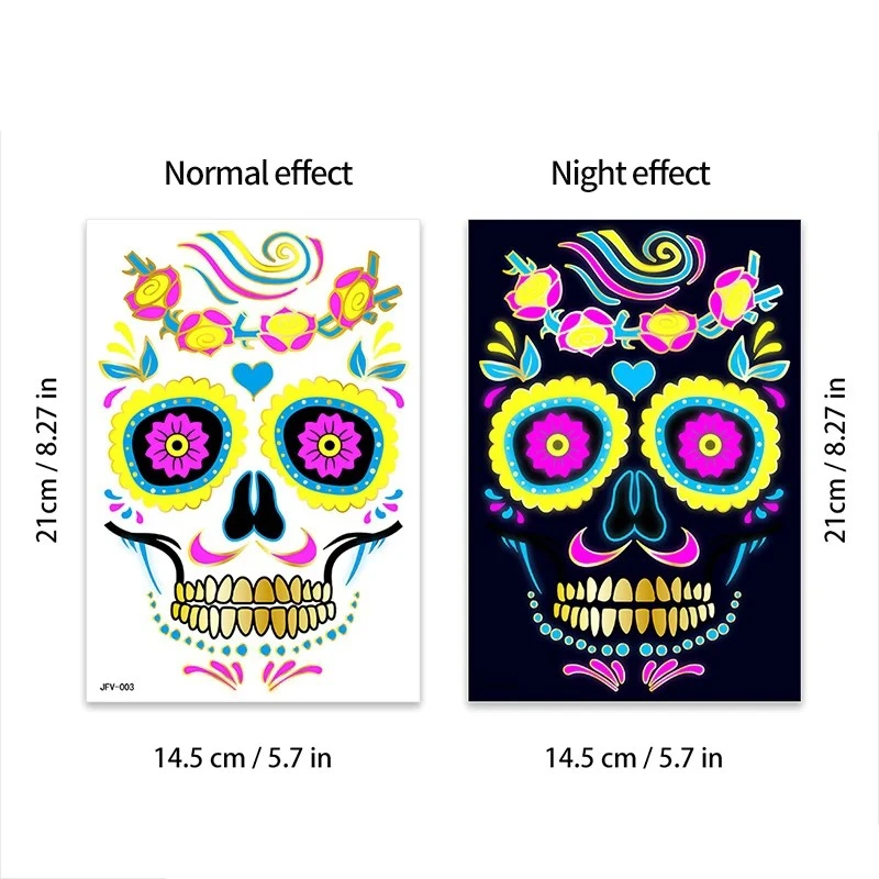 Adesivos de halloween tatuagens de rosto luminoso para mexicano