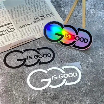 Deus é uma boa motocicleta colorida adesiva a laser